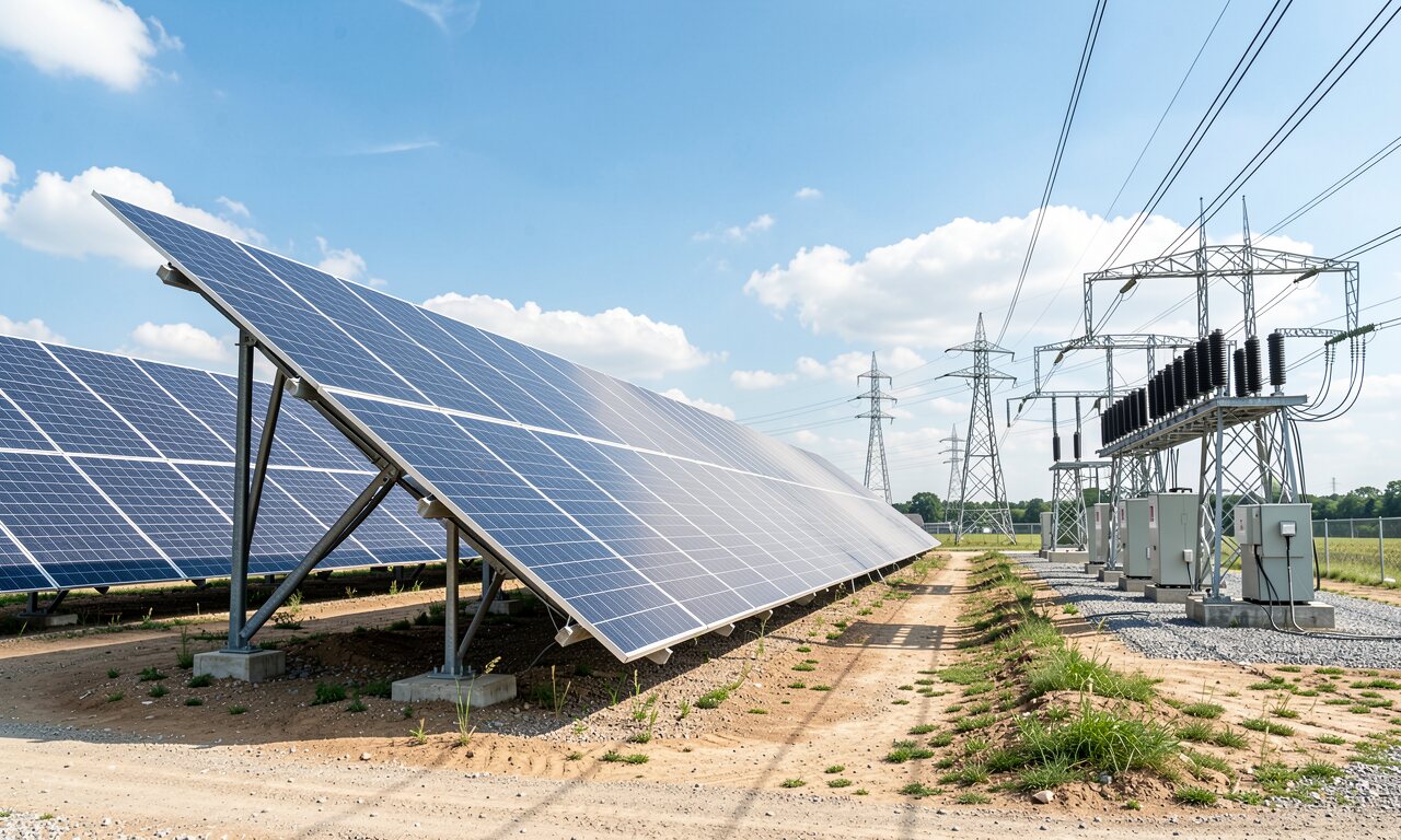 Großes PV-Feld in der Mittagssonne — Netzüberlastung führt zur Abregelung durch den Netzbetreiber