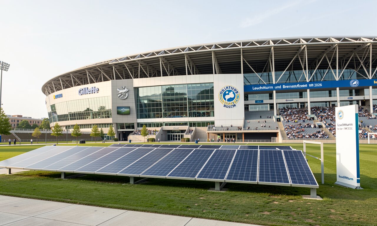 Gillette Stadium Foxborough mit charakteristischem Leuchtturm und gewölbter Eintrittsbrücke bei Flutlicht — KI-Illustration