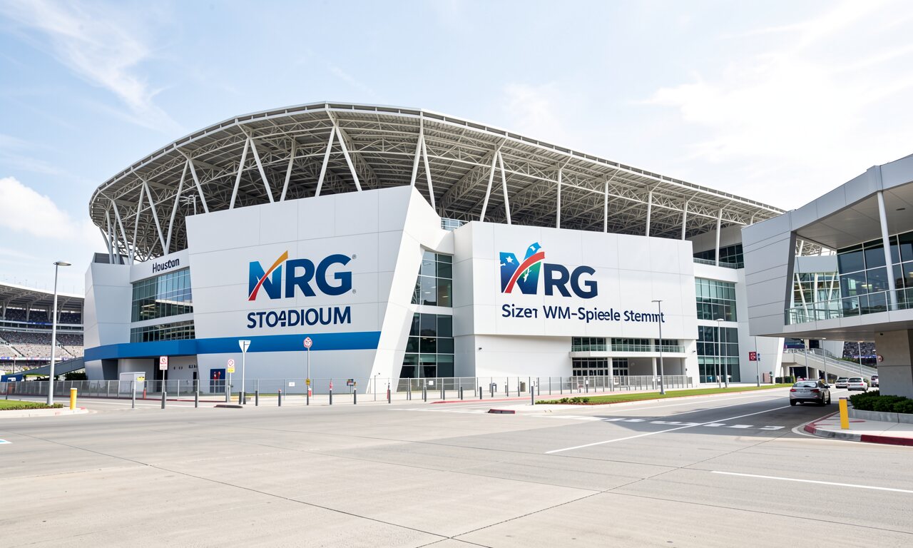 NRG Stadium Houston bei Abenddämmerung mit geschlossenem Dach und hellem Flutlicht — KI-Illustration