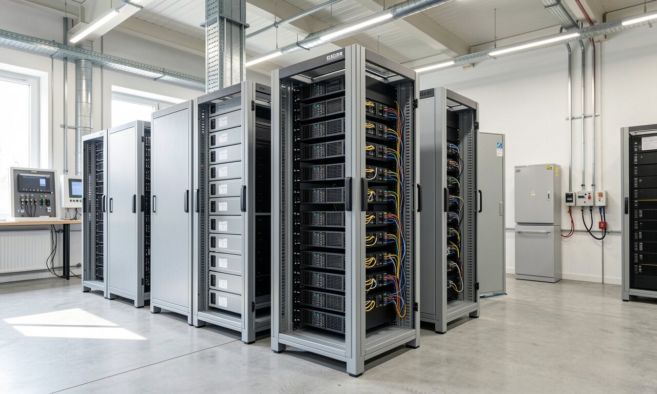 Großes Solarfeld in der Mittagssonne — Überschussstrom, den ein Gewerbespeicher aufnehmen kann