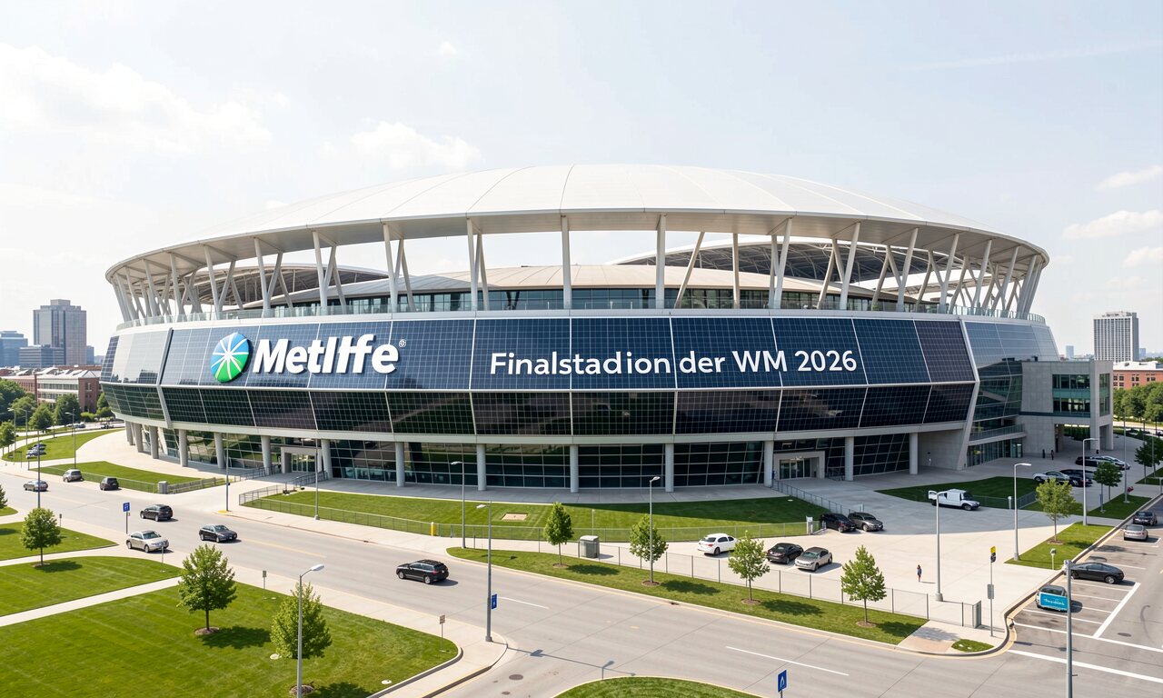 MetLife Stadium in East Rutherford bei Nacht mit leuchtendem Flutlicht und sichtbarem Solar-Ring am Dach — Konzept-Illustration