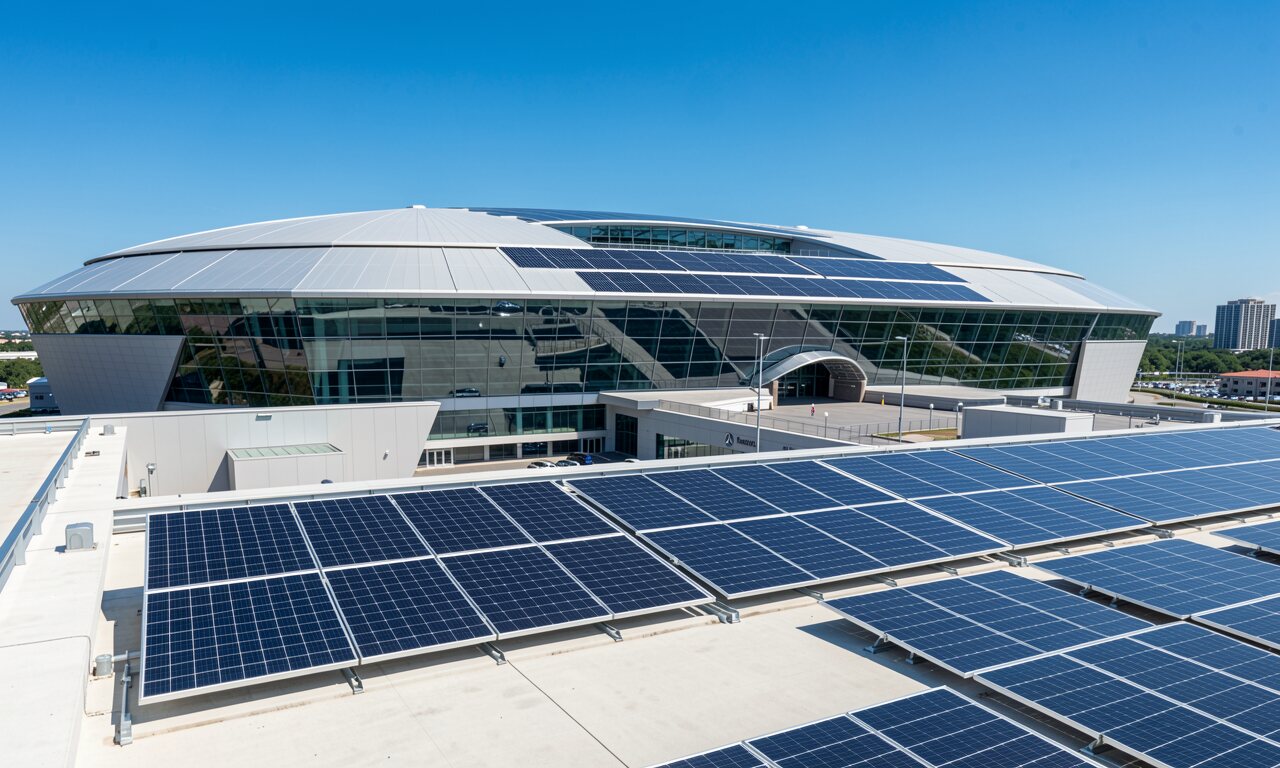 Mercedes-Benz Stadium Atlanta bei Abenddämmerung — blütenförmiges Dach öffnet sich, Solarmodule auf dem Dach sichtbar — KI-Illustration