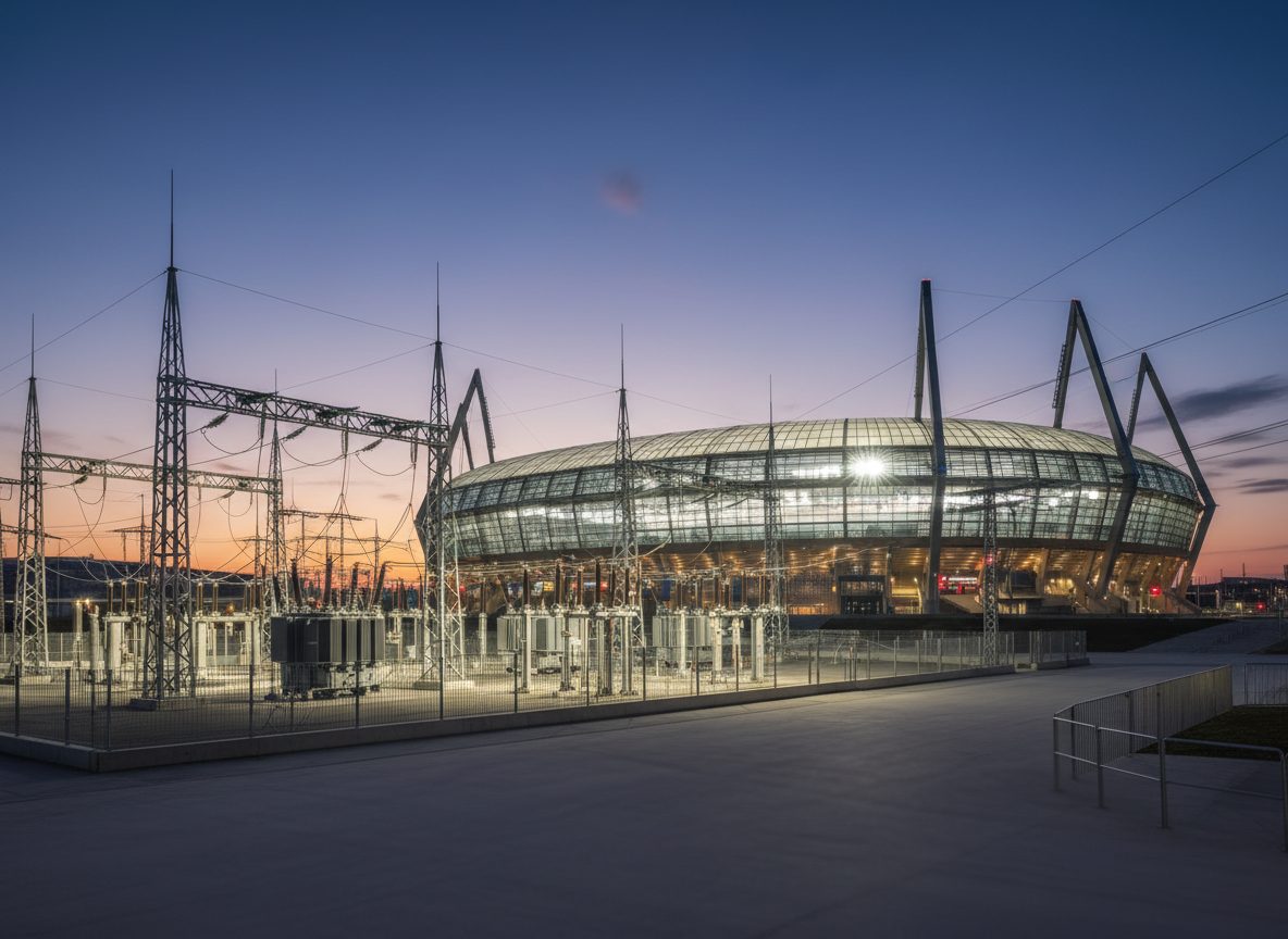 SoFi Stadium Inglewood bei Nacht mit leuchtendem ETFE-Dach und Infinity Screen — Konzept-Illustration
