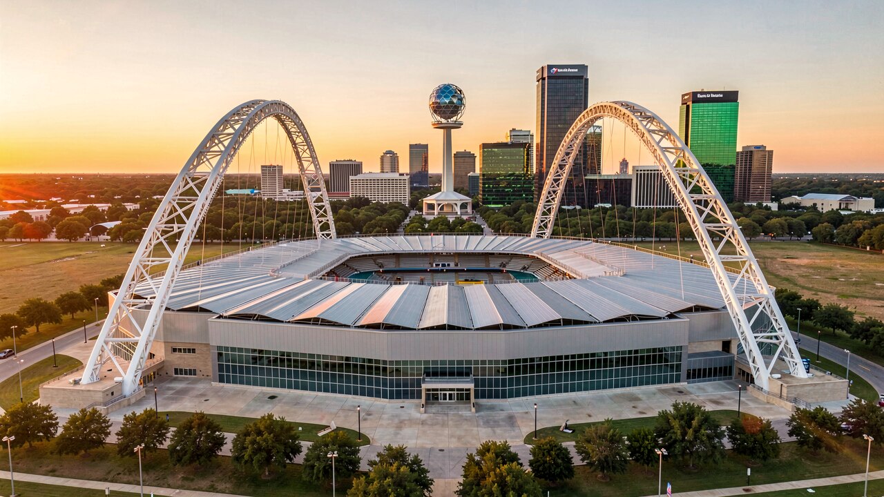 AT&T Stadium Arlington Texas bei Nacht mit leuchtendem Innenraum und einziehbarem Dach — Konzept-Illustration
