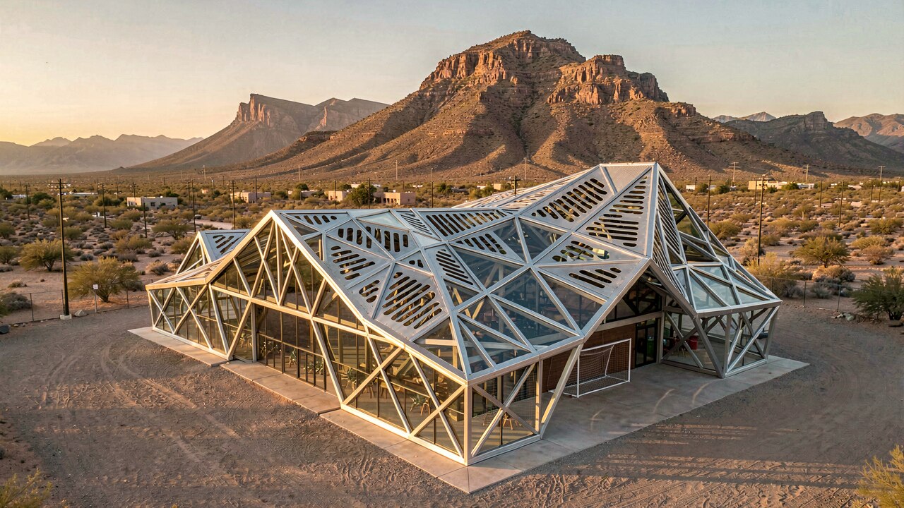 Estadio BBVA Monterrey bei Flutlicht — markantes Stahldach, im Hintergrund der Cerro de la Silla — KI-Illustration
