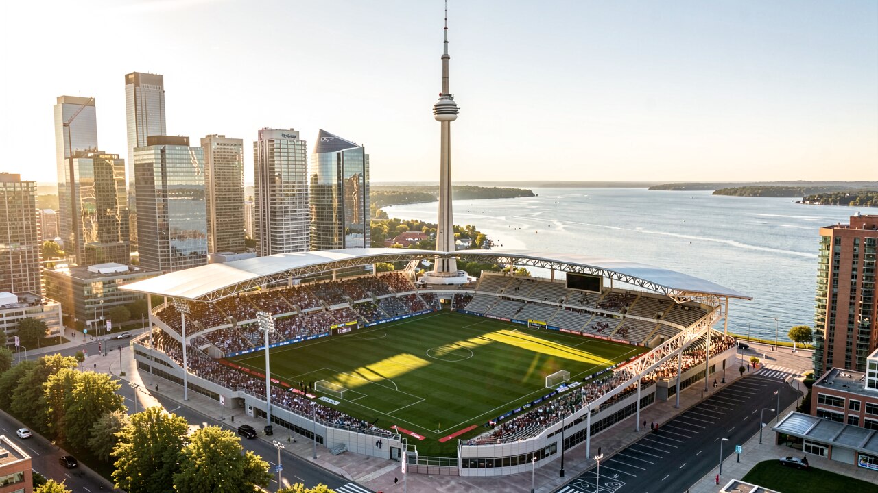 BMO Field Toronto bei Flutlicht mit dem Skyline-Panorama der Stadt im Hintergrund — Konzept-Illustration