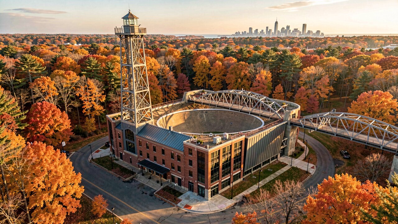 Gillette Stadium Foxborough mit charakteristischem Leuchtturm und gewölbter Eintrittsbrücke bei Flutlicht — KI-Illustration