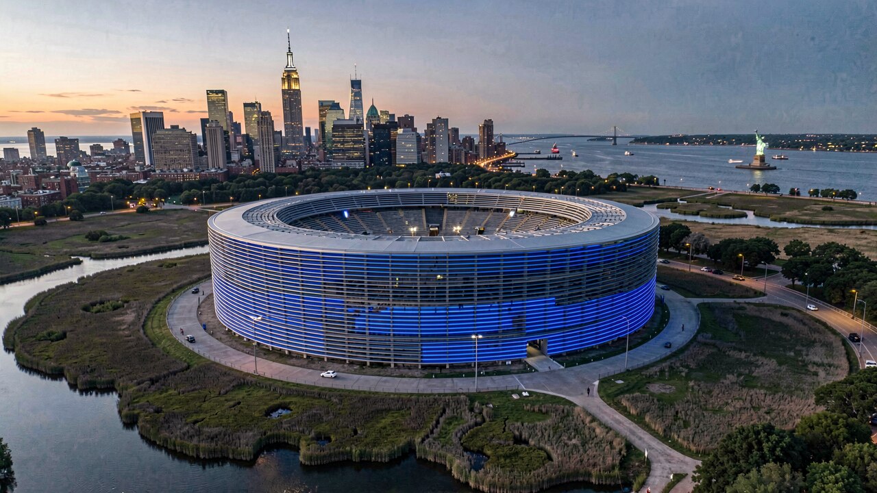 MetLife Stadium in East Rutherford bei Nacht mit leuchtendem Flutlicht und sichtbarem Solar-Ring am Dach — Konzept-Illustration