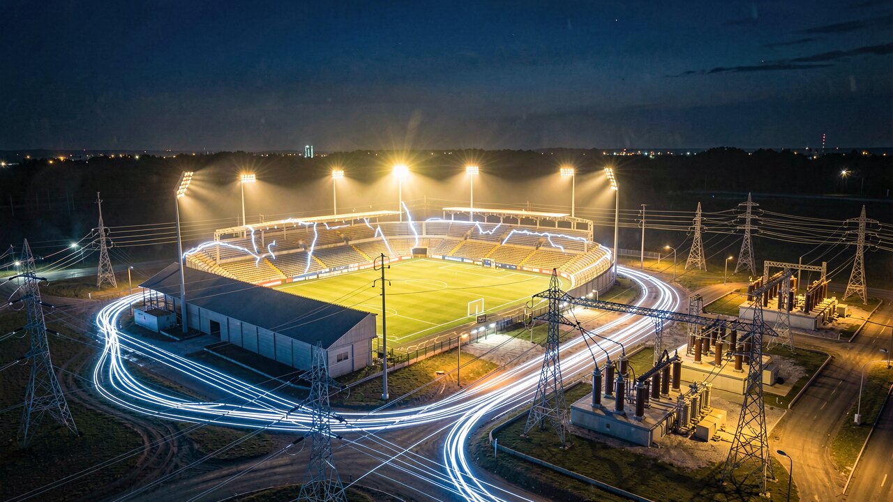 Stadion von oben, aus dem Lichtströme wie Elektrizität ins Stromnetz fließen — Illustration
