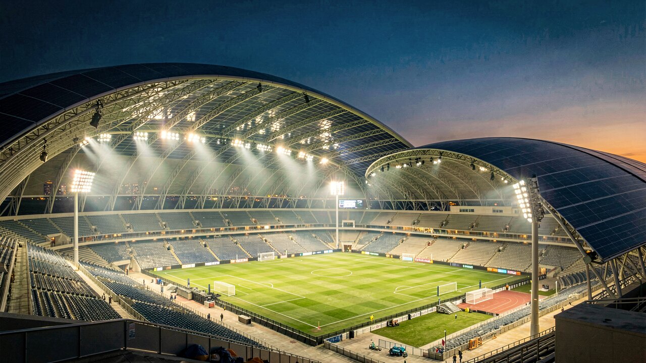 Großes Fußballstadion bei Dämmerung — Illustration